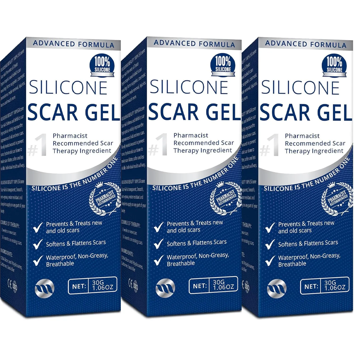 100% Silicone Scar Gel 3-Pack – 3 x 1.06oz Scar Cream for Long-Term Scar Care – C-Section, Surgery, Acne, Keloids, Burns – Fades Old & New Scars Fast