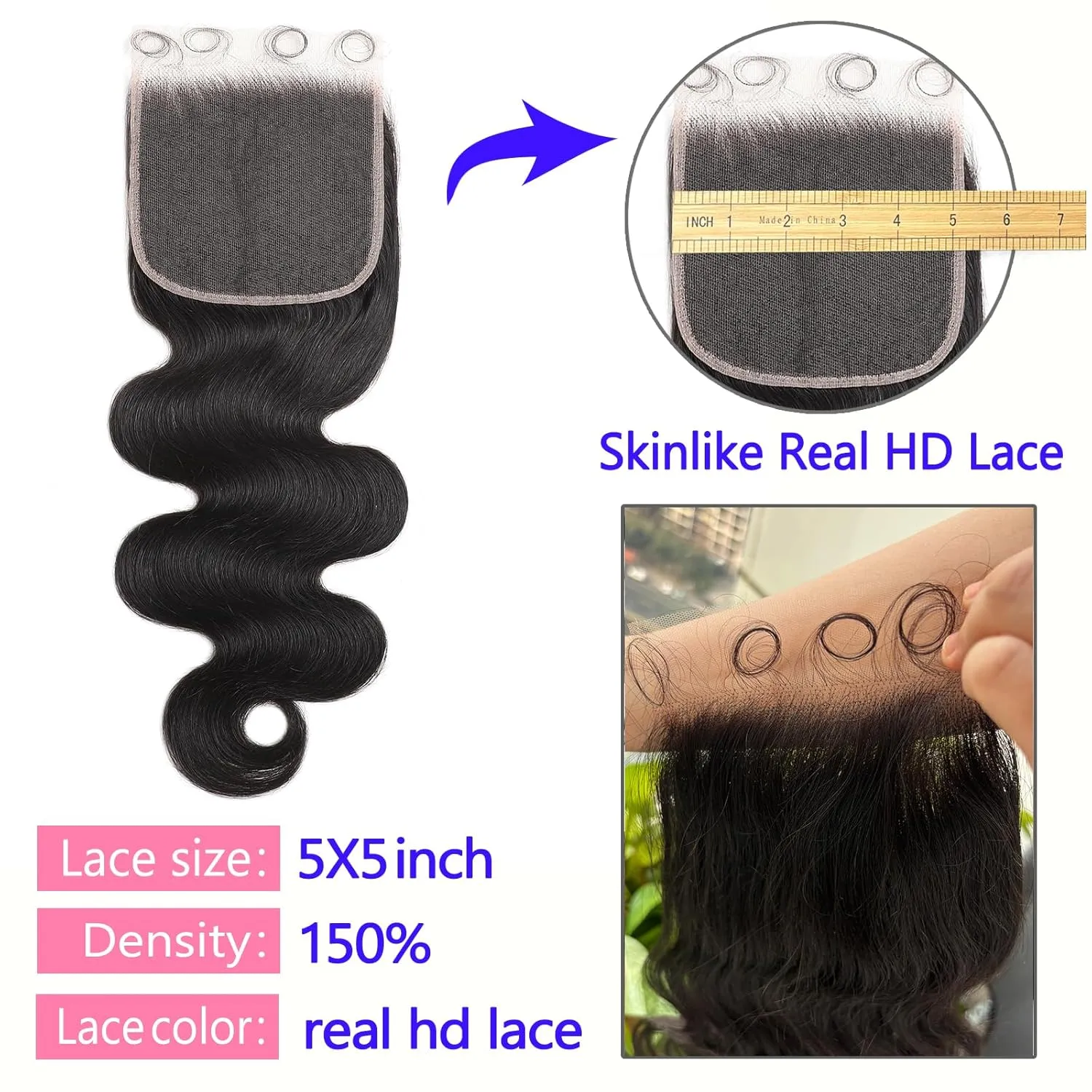 14 Inch 5x5 Skin-Like Real HD Closure Human Hair Lace Closure Only Body Wave 0.1mm Thin HD Lace Closure Invisible Human Hair Bleached Knot Pre Plucked