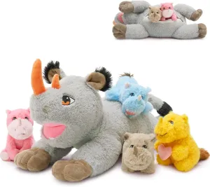 19.5“ Rhino Stuffed Animal Plush, Mother Rhinocero Plush Toy with 4 Baby Rhino plushies Inside, Soft Wild Animal Stuffed Toy for Kids Boys, Adorable Gifts for Brithday Baby Shower Christmas
