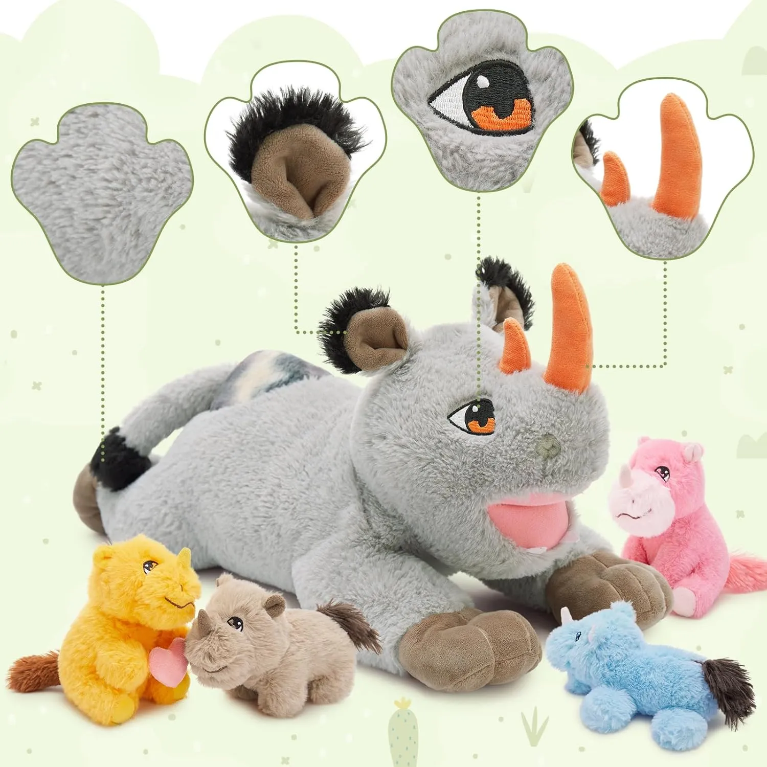 19.5“ Rhino Stuffed Animal Plush, Mother Rhinocero Plush Toy with 4 Baby Rhino plushies Inside, Soft Wild Animal Stuffed Toy for Kids Boys, Adorable Gifts for Brithday Baby Shower Christmas