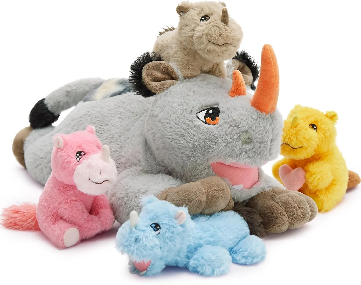19.5“ Rhino Stuffed Animal Plush, Mother Rhinocero Plush Toy with 4 Baby Rhino plushies Inside, Soft Wild Animal Stuffed Toy for Kids Boys, Adorable Gifts for Brithday Baby Shower Christmas
