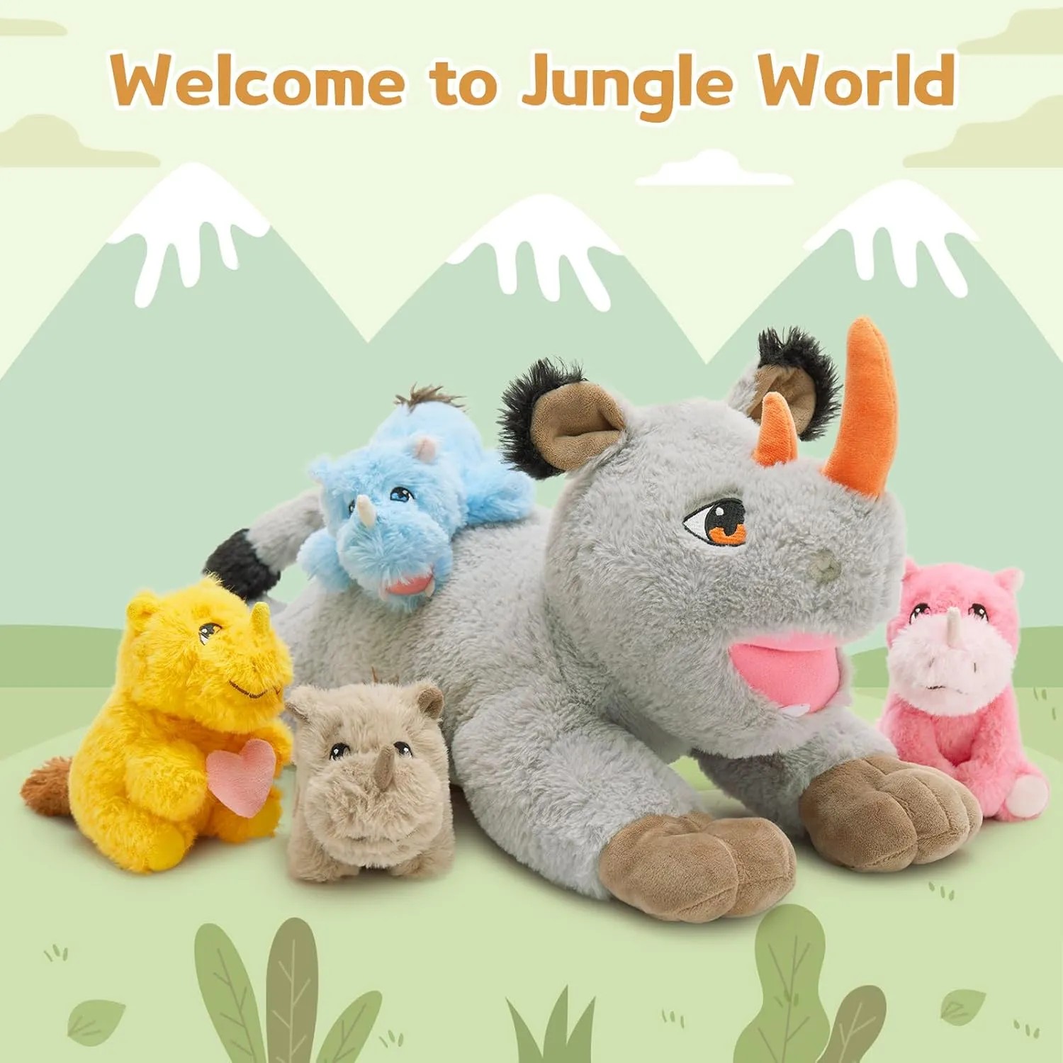 19.5“ Rhino Stuffed Animal Plush, Mother Rhinocero Plush Toy with 4 Baby Rhino plushies Inside, Soft Wild Animal Stuffed Toy for Kids Boys, Adorable Gifts for Brithday Baby Shower Christmas