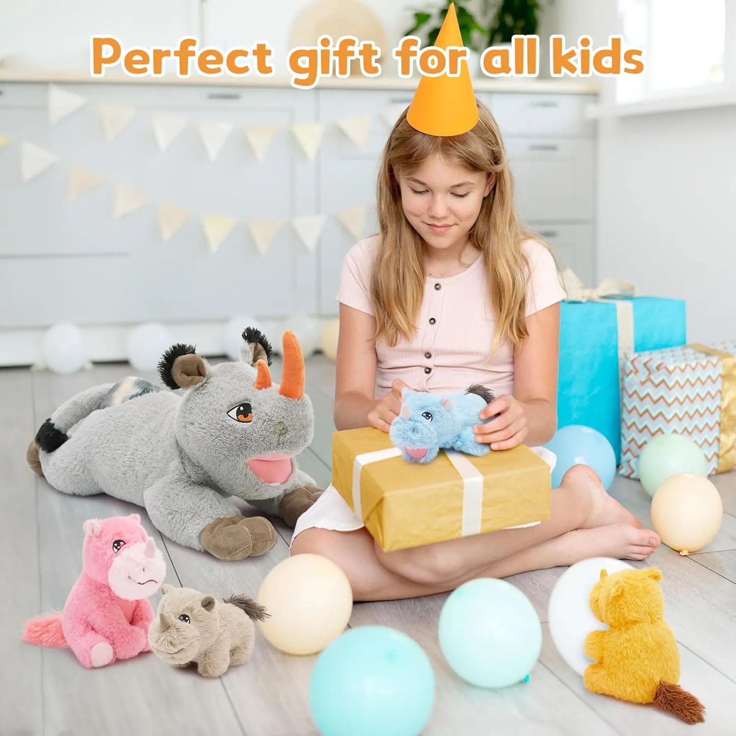 19.5“ Rhino Stuffed Animal Plush, Mother Rhinocero Plush Toy with 4 Baby Rhino plushies Inside, Soft Wild Animal Stuffed Toy for Kids Boys, Adorable Gifts for Brithday Baby Shower Christmas