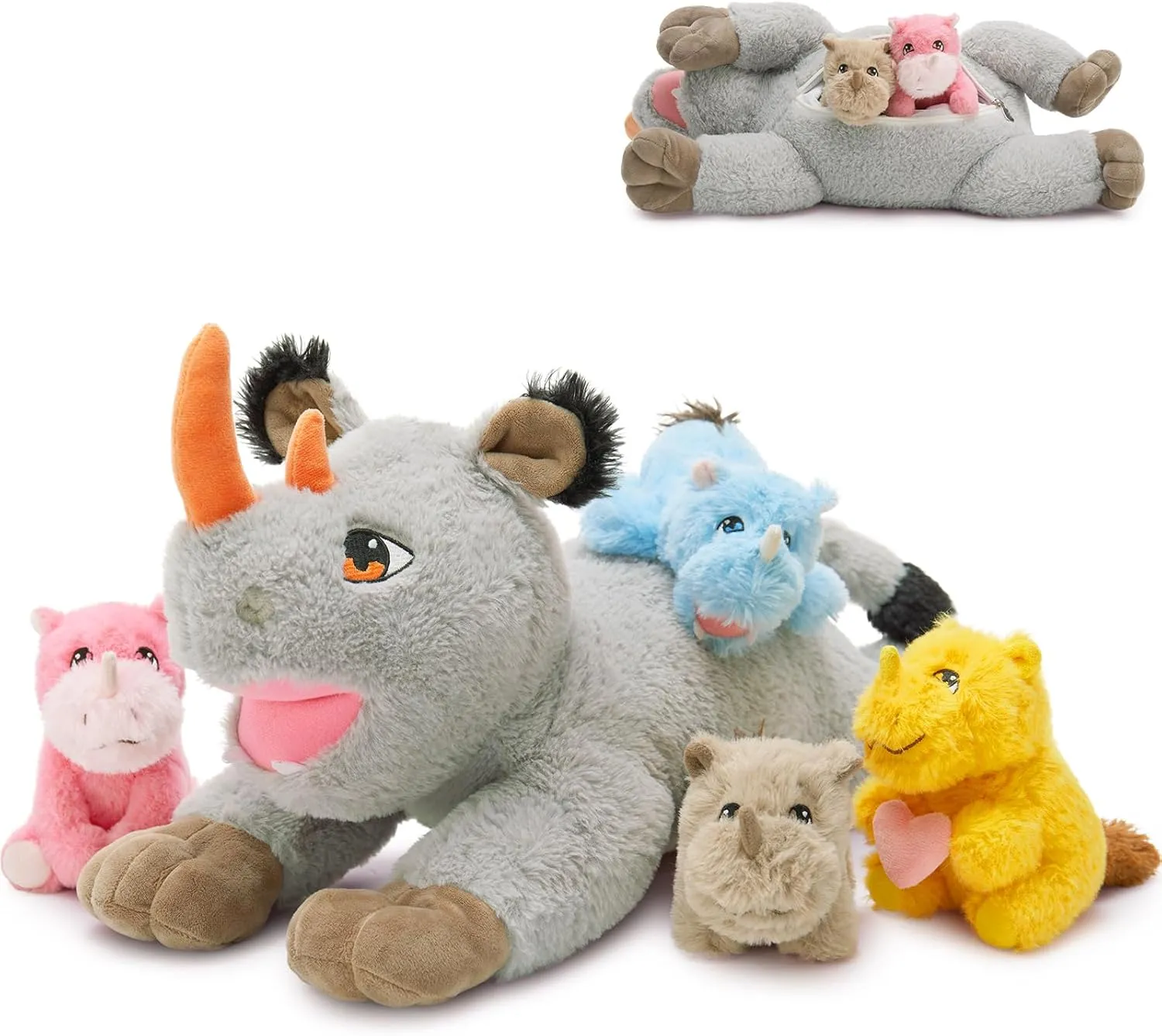 19.5“ Rhino Stuffed Animal Plush, Mother Rhinocero Plush Toy with 4 Baby Rhino plushies Inside, Soft Wild Animal Stuffed Toy for Kids Boys, Adorable Gifts for Brithday Baby Shower Christmas