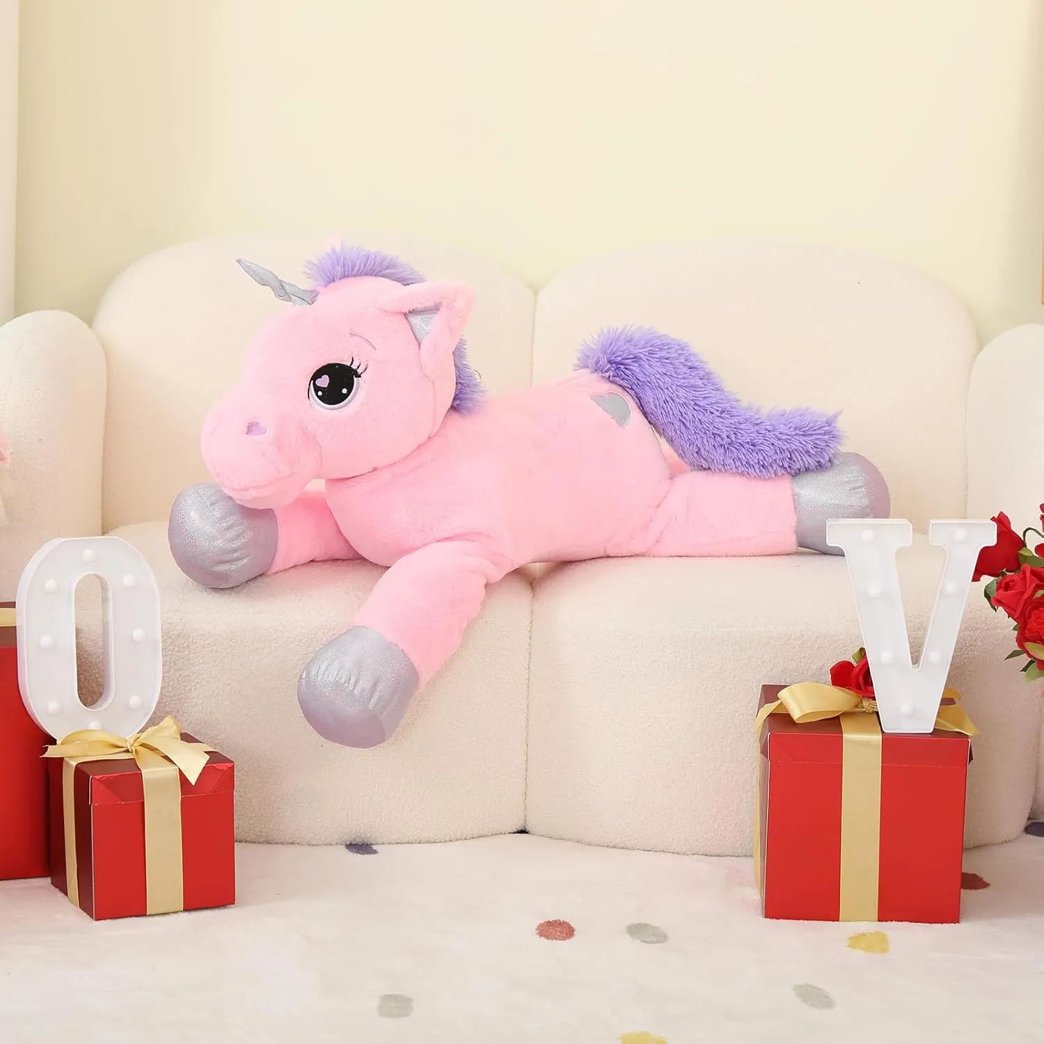 24" Big Unicorn Stuffed Animal, Giant Animal Plush Pillow Unicorn Body Hugging Pillow for Girls, Gift for Christmas Birthday Valentine's Day