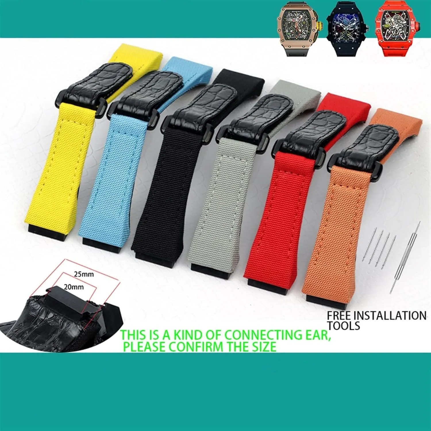 25mm Men Nylon Fabric With Leather Watchband For Richard Watch Mille Strap Band Bracelet Buckle For Spring Bar Version