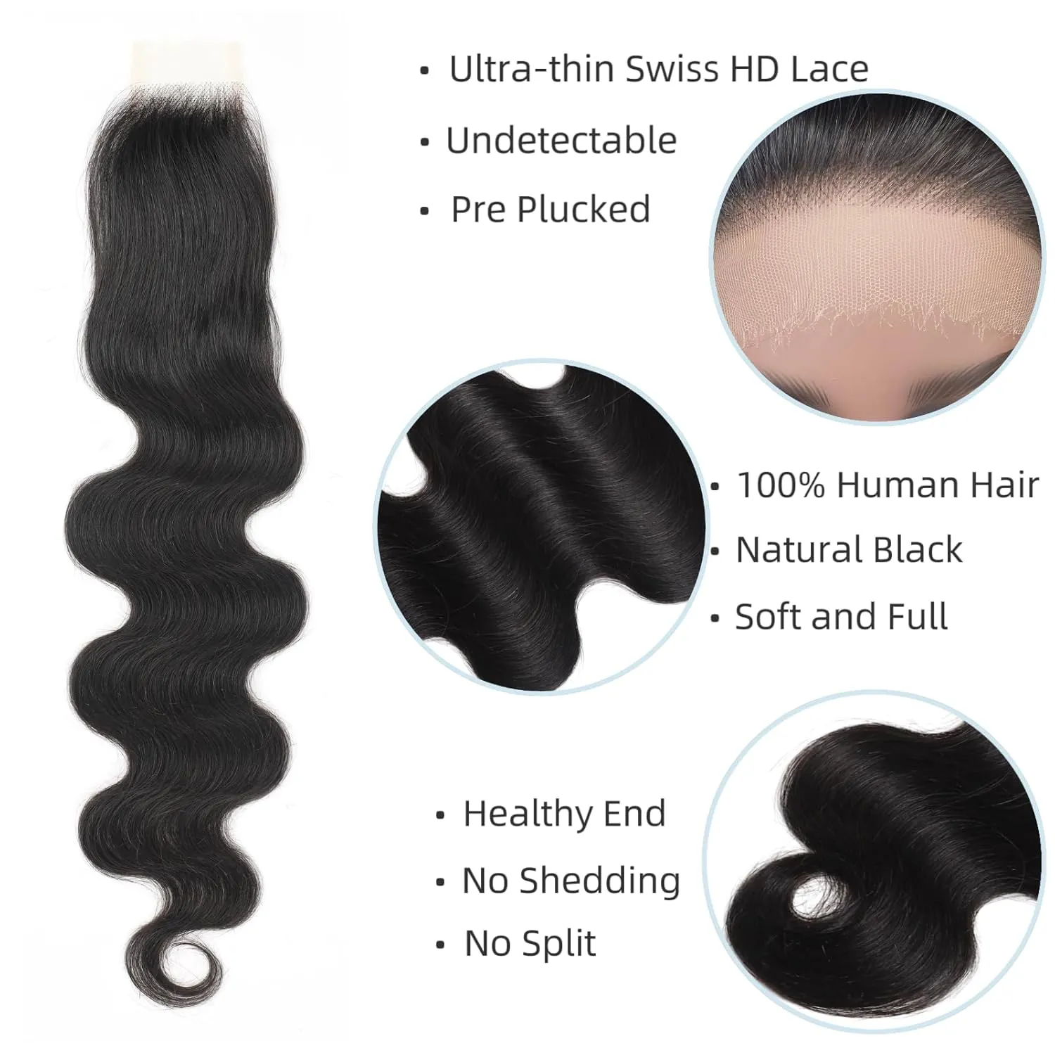 2X6 SKINLIKE 100% Real HD Lace Closure Body Wave Human Hair Closure 0.095mm Ultra-thin Invisible Swiss HD Lace Closure Pre Plucked Small Single Knots Brazilian Virgin Human Hair HD Closure 16inch