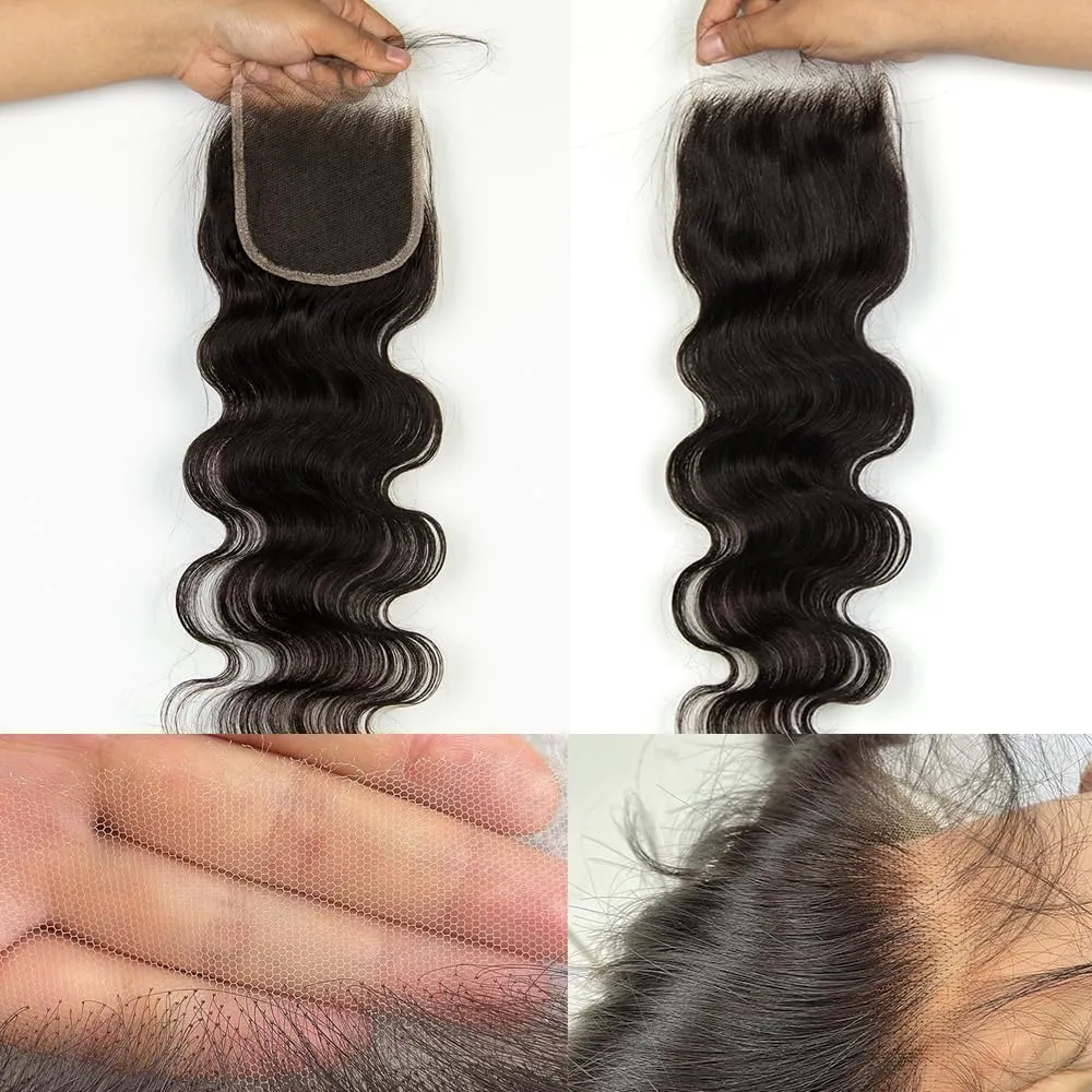 4x4 HD Lace Closure Body Wave, Skinlike Undetectable Melted 4x4 Lace Closure Pre-Plucked with Baby Hair Brazilian Remy Human Hair Breathable 0.11mm Thin Invisible Swiss HD Closure 24 Inch