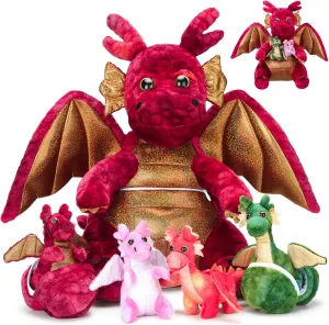 7 Pcs Dragon Plush Toys Gift Set 15.75" Large Dragon Mom Stuffed Animal with 4 Cute Babies and 2 Eggs in Mommy's Belly for Kids Birthday Christmas Classroom Prizes(Red)