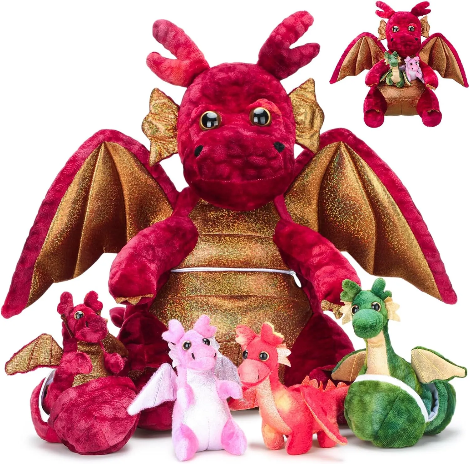 7 Pcs Dragon Plush Toys Gift Set 15.75" Large Dragon Mom Stuffed Animal with 4 Cute Babies and 2 Eggs in Mommy's Belly for Kids Birthday Christmas Classroom Prizes(Red)