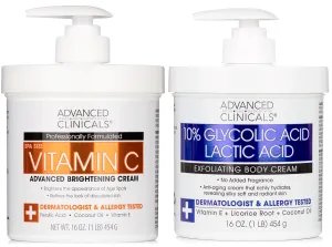Advanced Clinicals Brightening Vitamin C Body Cream   AHA Exfoliating 10% Glycolic Acid & Lactic Acid Lotion 2PC Skincare Set For Women & Men To Reduce Appearance Of Dark Spots & Uneven Skin Tone