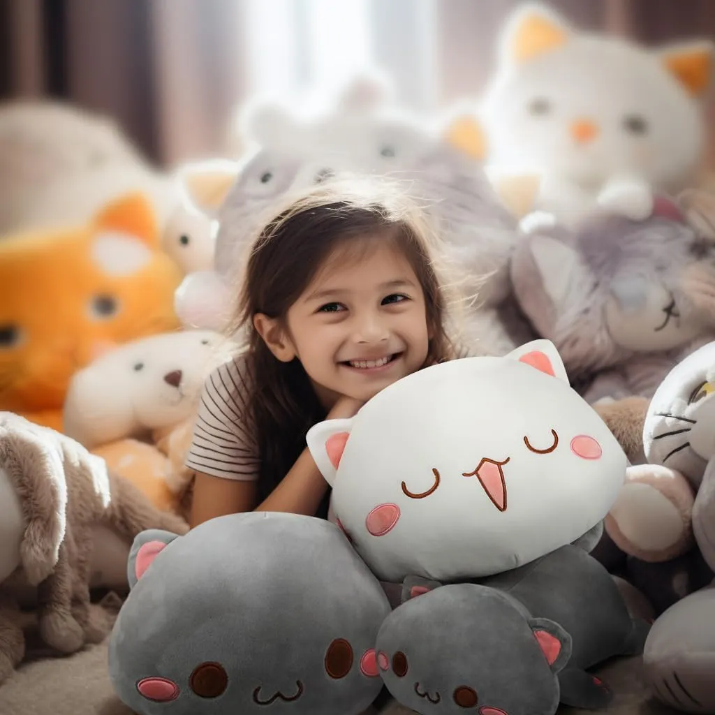 AFAN Cat Stuffed Animals Plush Cute Soft Cat Plush Pillow Toys Kawaii Plushies Room Decor Gifts for Kids Girls Boys (Round Eyes, Grey, 25.9 Inch)
