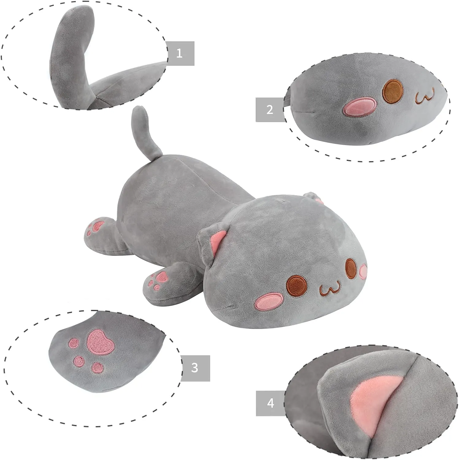AFAN Cat Stuffed Animals Plush Cute Soft Cat Plush Pillow Toys Kawaii Plushies Room Decor Gifts for Kids Girls Boys (Round Eyes, Grey, 25.9 Inch)