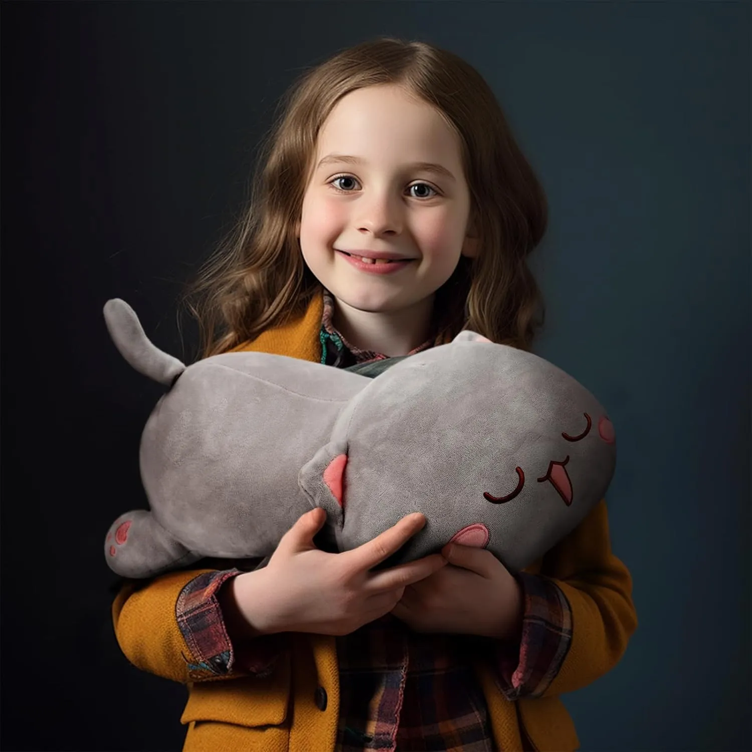 AFAN Cat Stuffed Animals Plush Cute Soft Cat Plush Pillow Toys Kawaii Plushies Room Decor Gifts for Kids Girls Boys (Round Eyes, Grey, 25.9 Inch)