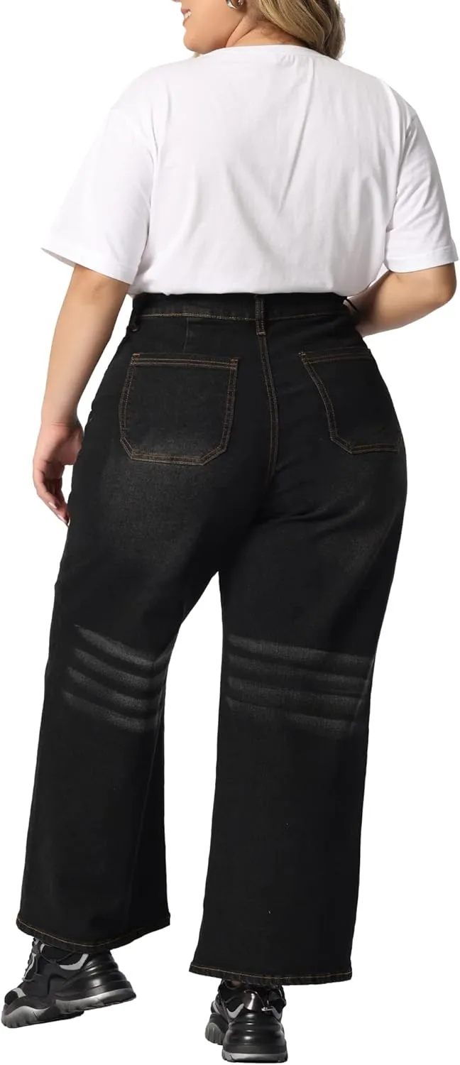 Agnes Orinda Plus Size Jeans for Women Wide Leg Washed Stretch with Pockets Palazzo Denim Jeans
