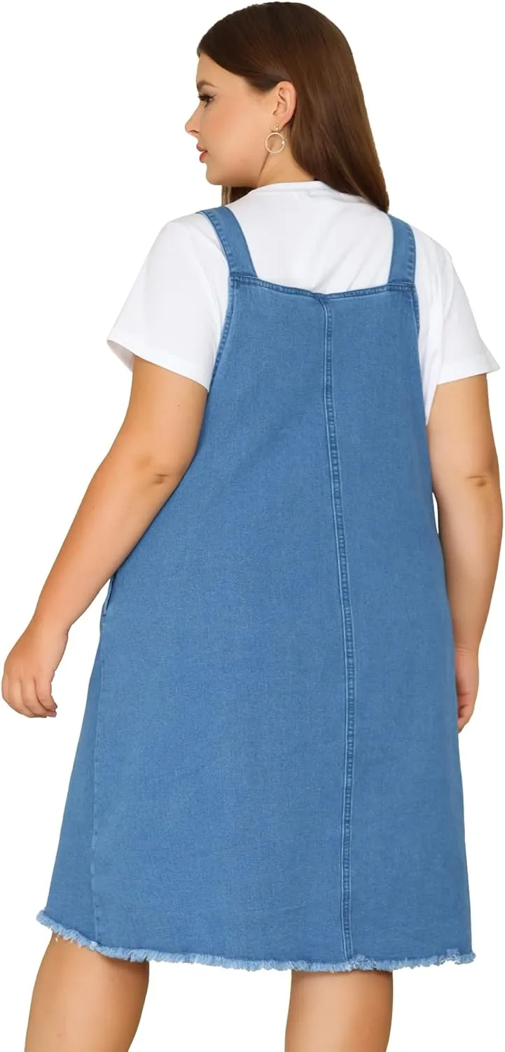 Agnes Orinda Plus Size Women's Denim Overall Dresses Frayed Adjustable Jean Straps Suspender Summer Dress