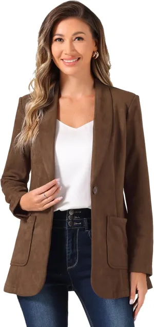 Allegra K Faux Suede Blazer for Women's Lapel Collar One Button Dressy Suit Jacket