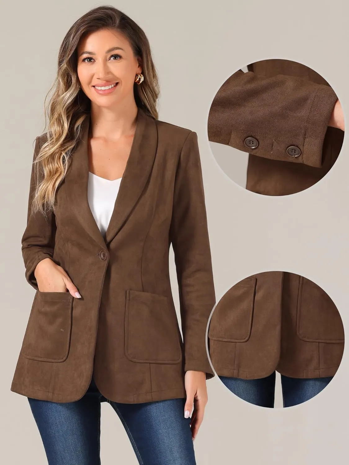 Allegra K Faux Suede Blazer for Women's Lapel Collar One Button Dressy Suit Jacket