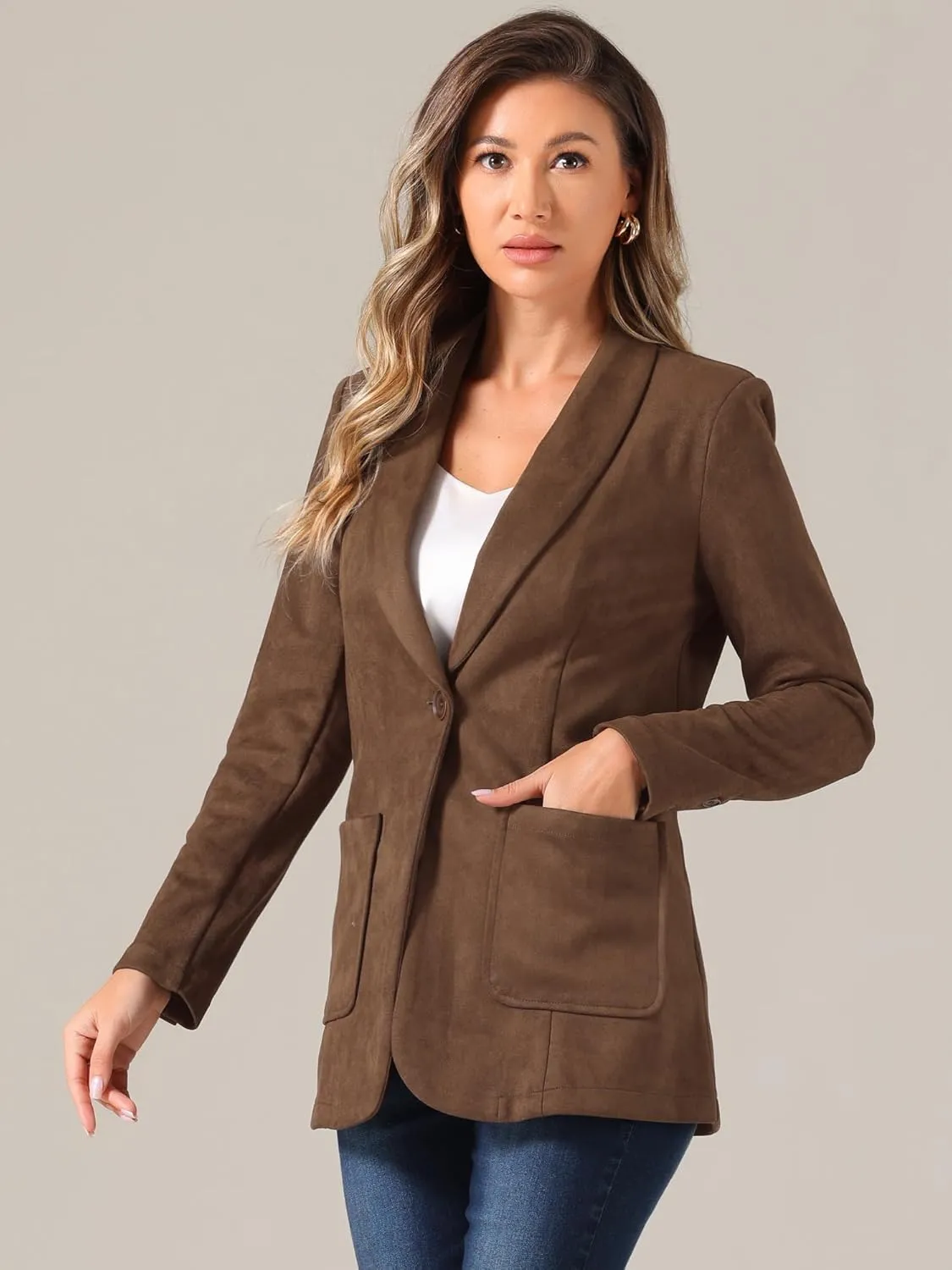 Allegra K Faux Suede Blazer for Women's Lapel Collar One Button Dressy Suit Jacket