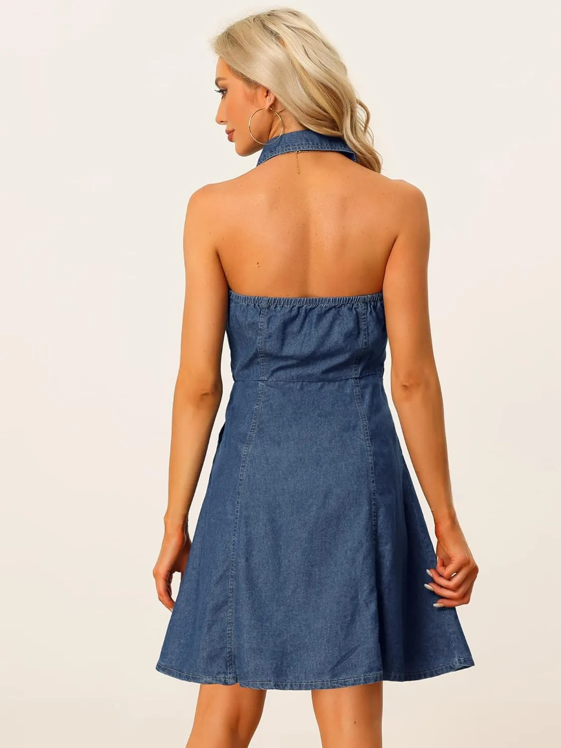 Allegra K Lightweight Denim Dresses for Women's Button Down Sleeveless Halter Neck Jean Dress