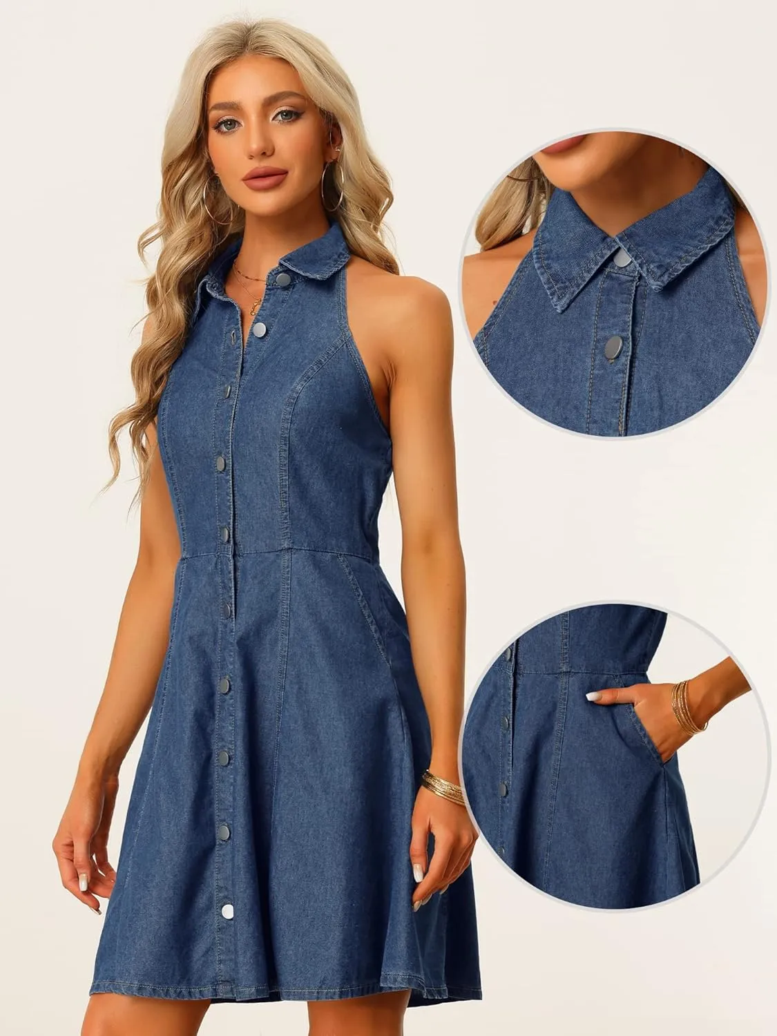 Allegra K Lightweight Denim Dresses for Women's Button Down Sleeveless Halter Neck Jean Dress