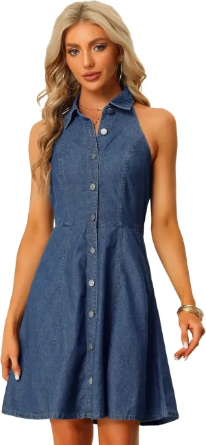 Allegra K Lightweight Denim Dresses for Women's Button Down Sleeveless Halter Neck Jean Dress