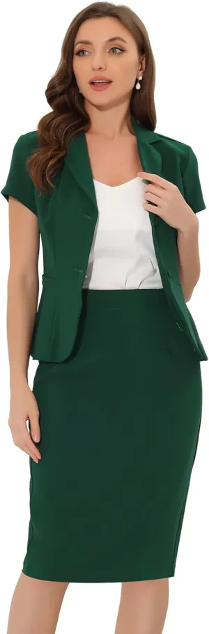 Allegra K Women's Business Skirt Suit Set Work Office Short Sleeve Blazer Jacket Pencil Skirt