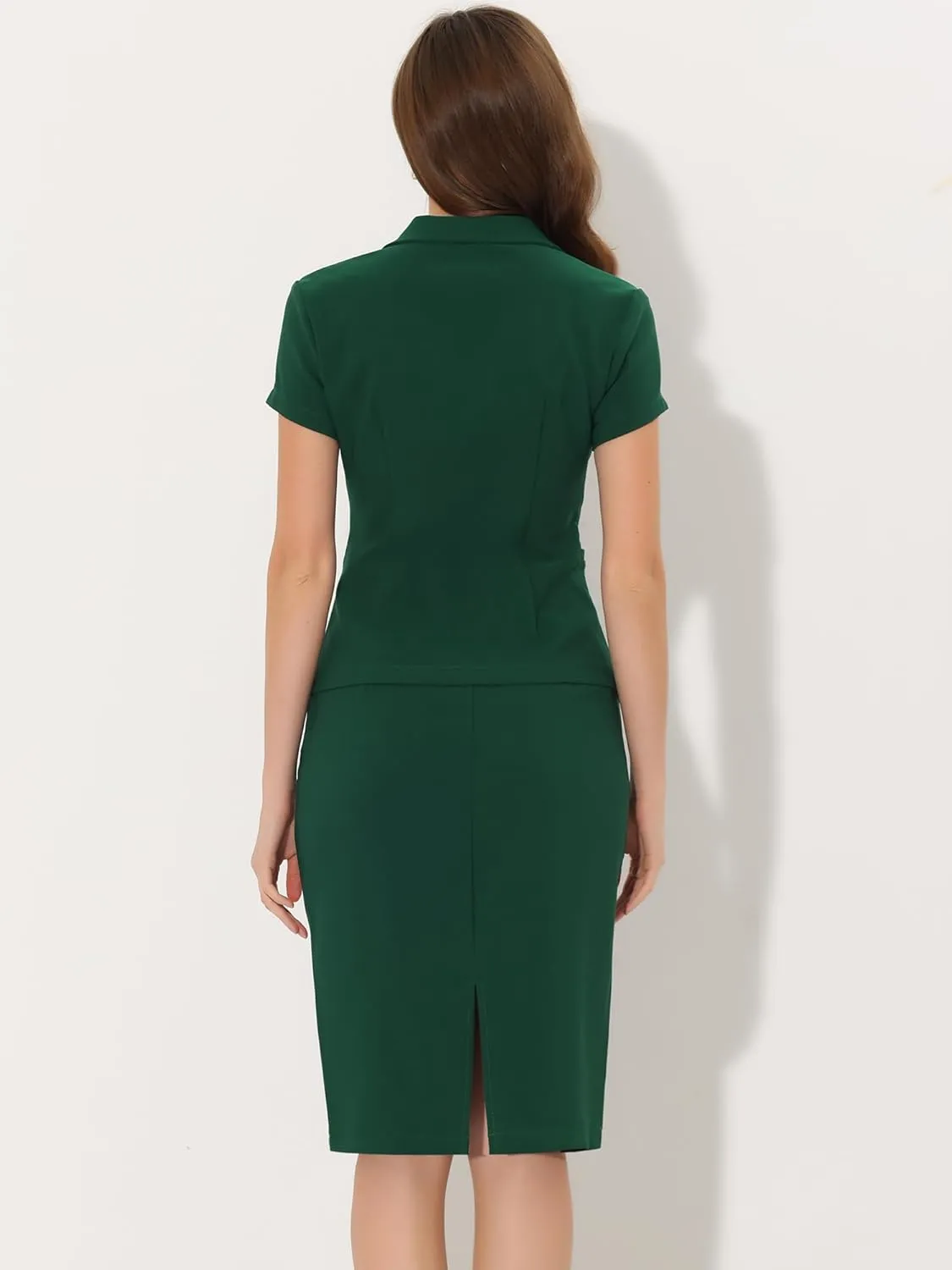 Allegra K Women's Business Skirt Suit Set Work Office Short Sleeve Blazer Jacket Pencil Skirt