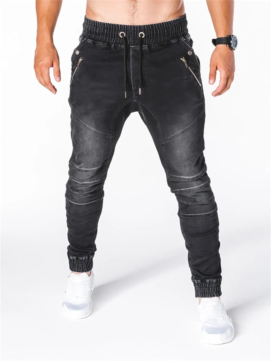 Andongnywell Casual Loose Hip Hop Denim Work Pants Men's Tactical Pants Cargo Denim Jeans with Cargo Pockets