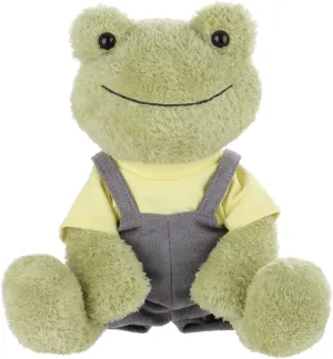Apricot Lamb Toys Plush Velvet Green Frog with Clothes Stuffed Animal Soft Cuddly Perfect for Child 8.5 Inches (Yellow T-Shirt & Gray Overalls)