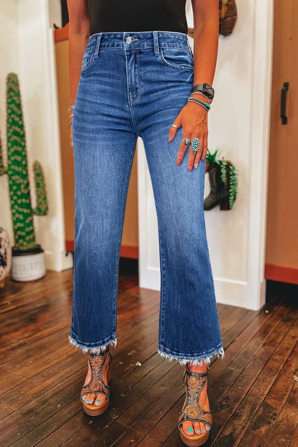Astylish Womens High Waisted Jeans Stretchy Flared Straight Leg Loose Trendy Raw Hem Denim Pants