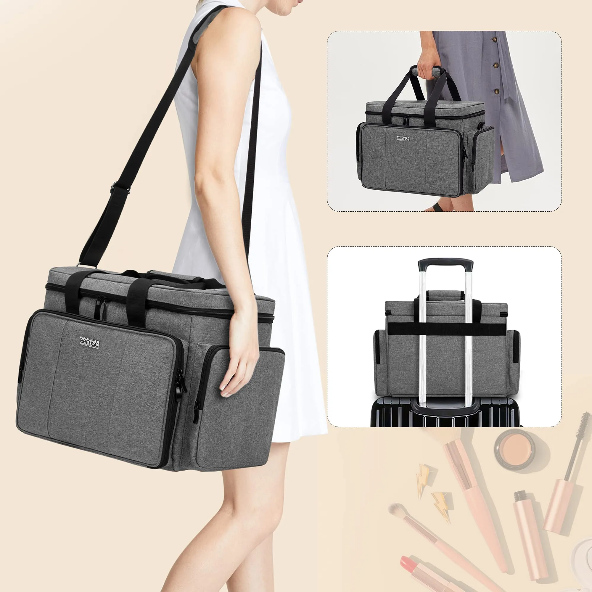 BAFASO Large Makeup Bag Cosmetic Bag with Removable Dividers, Travel Makeup Case Holds Cosmetics and Hair Supplies, Gray