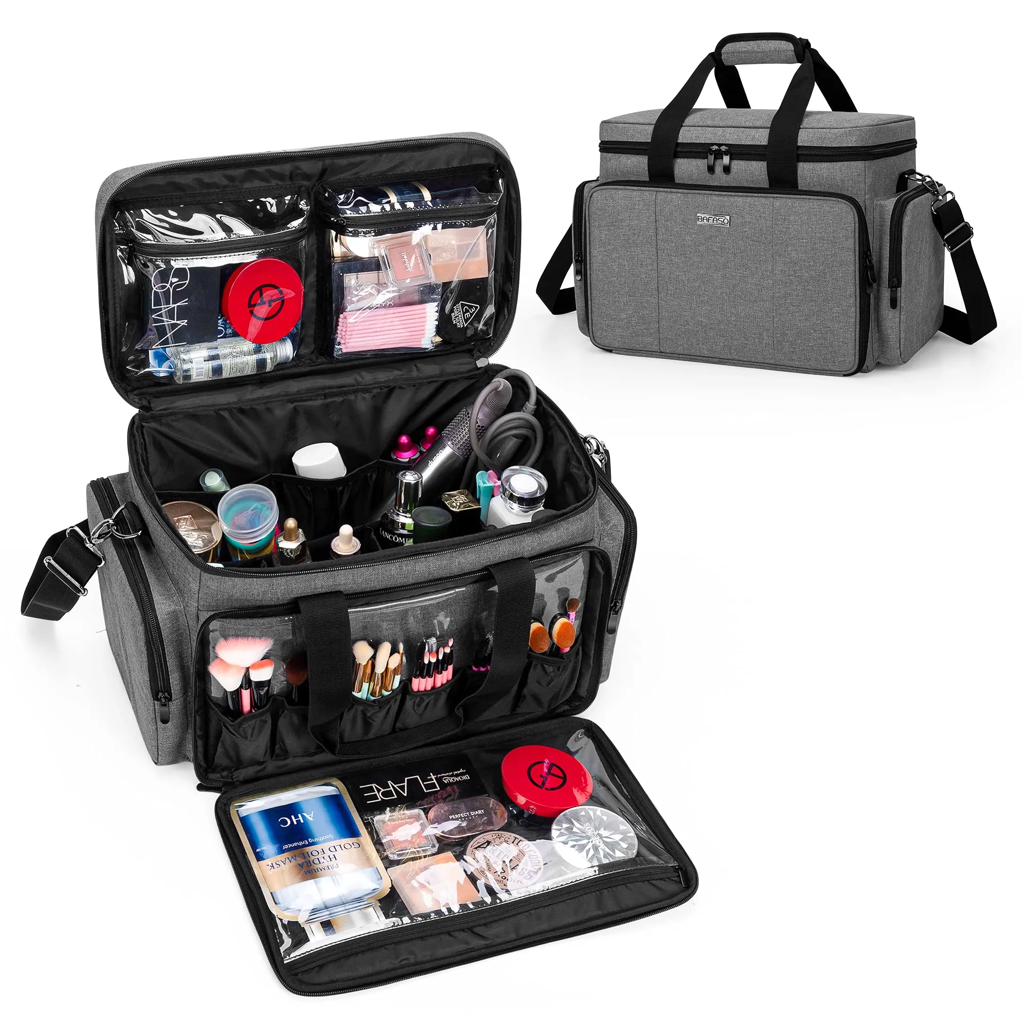 BAFASO Large Makeup Bag Cosmetic Bag with Removable Dividers, Travel Makeup Case Holds Cosmetics and Hair Supplies, Gray