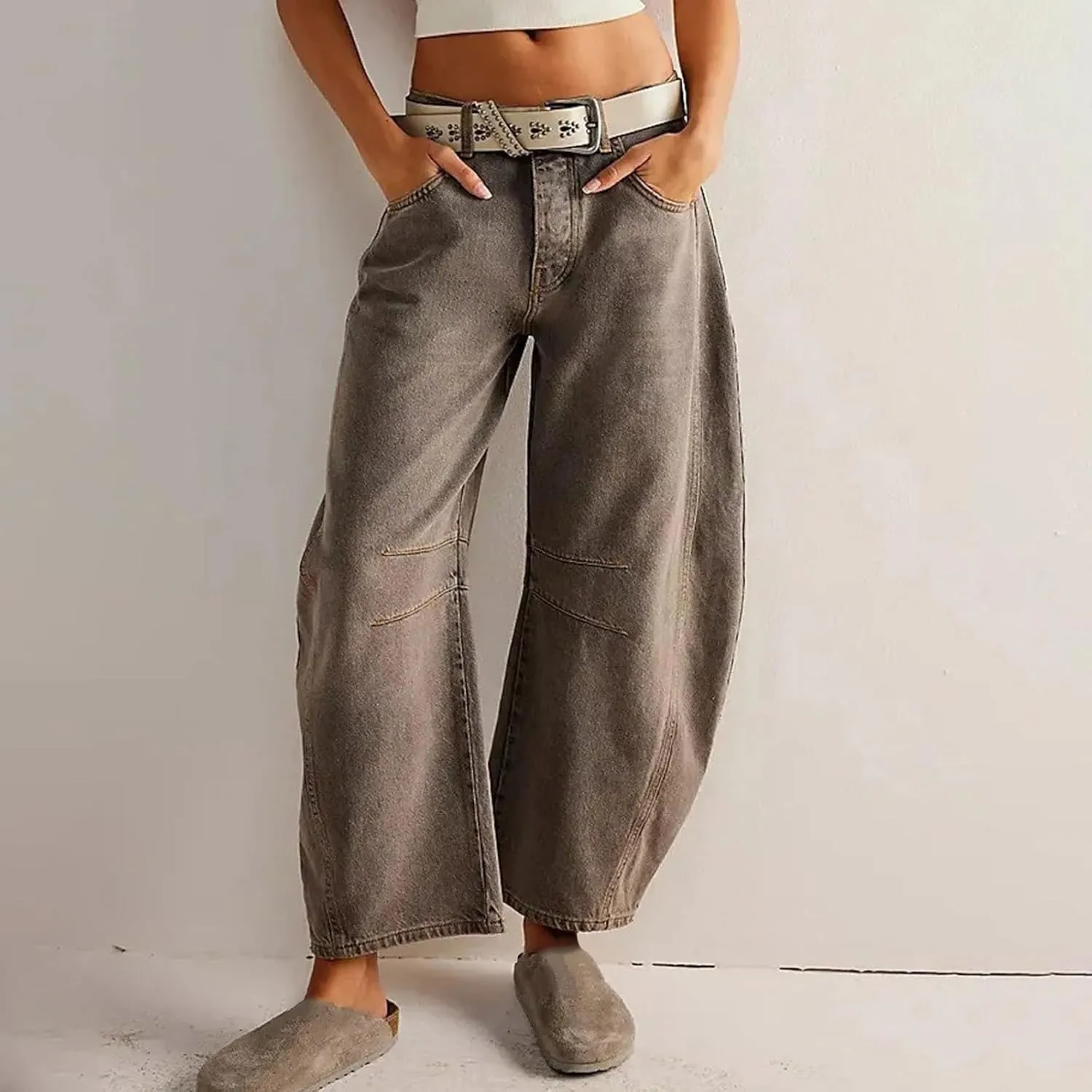 Barrel Jeans for Women Wide Leg Mid Rise Barrel Denim Pants Ankle Baggy Jeans with Pockets Y2k Summer Loose Casual Jeans