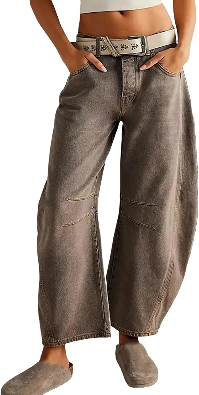 Barrel Jeans for Women Wide Leg Mid Rise Barrel Denim Pants Ankle Baggy Jeans with Pockets Y2k Summer Loose Casual Jeans