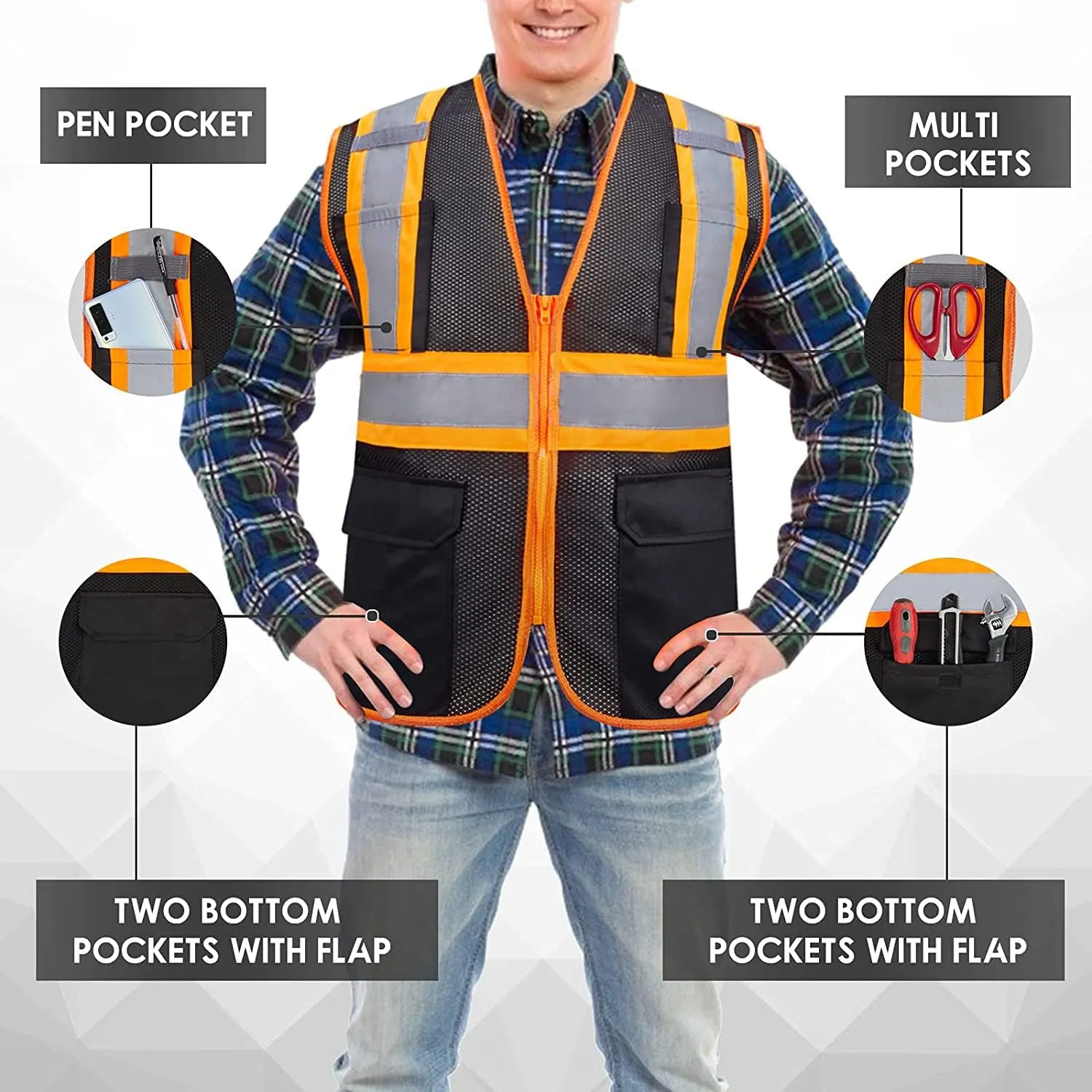 BeautyWill Custom Safety Vest Customized Logo Class 2 High Visibility Reflective Vest with Pockets Construction workwear