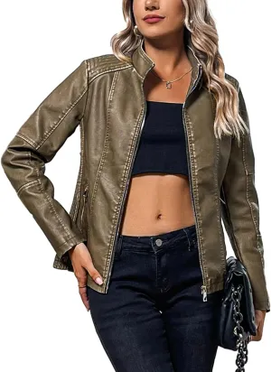 Bellivera Faux Leather Jacket Women Motorcycle Zipper Bomber PU Bike Coat with Pockets
