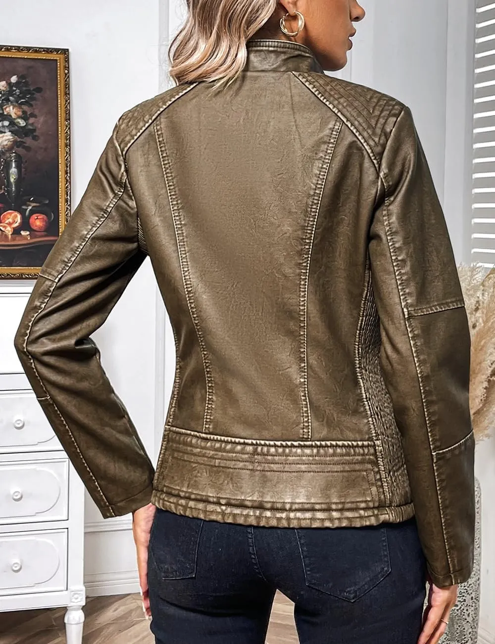 Bellivera Faux Leather Jacket Women Motorcycle Zipper Bomber PU Bike Coat with Pockets