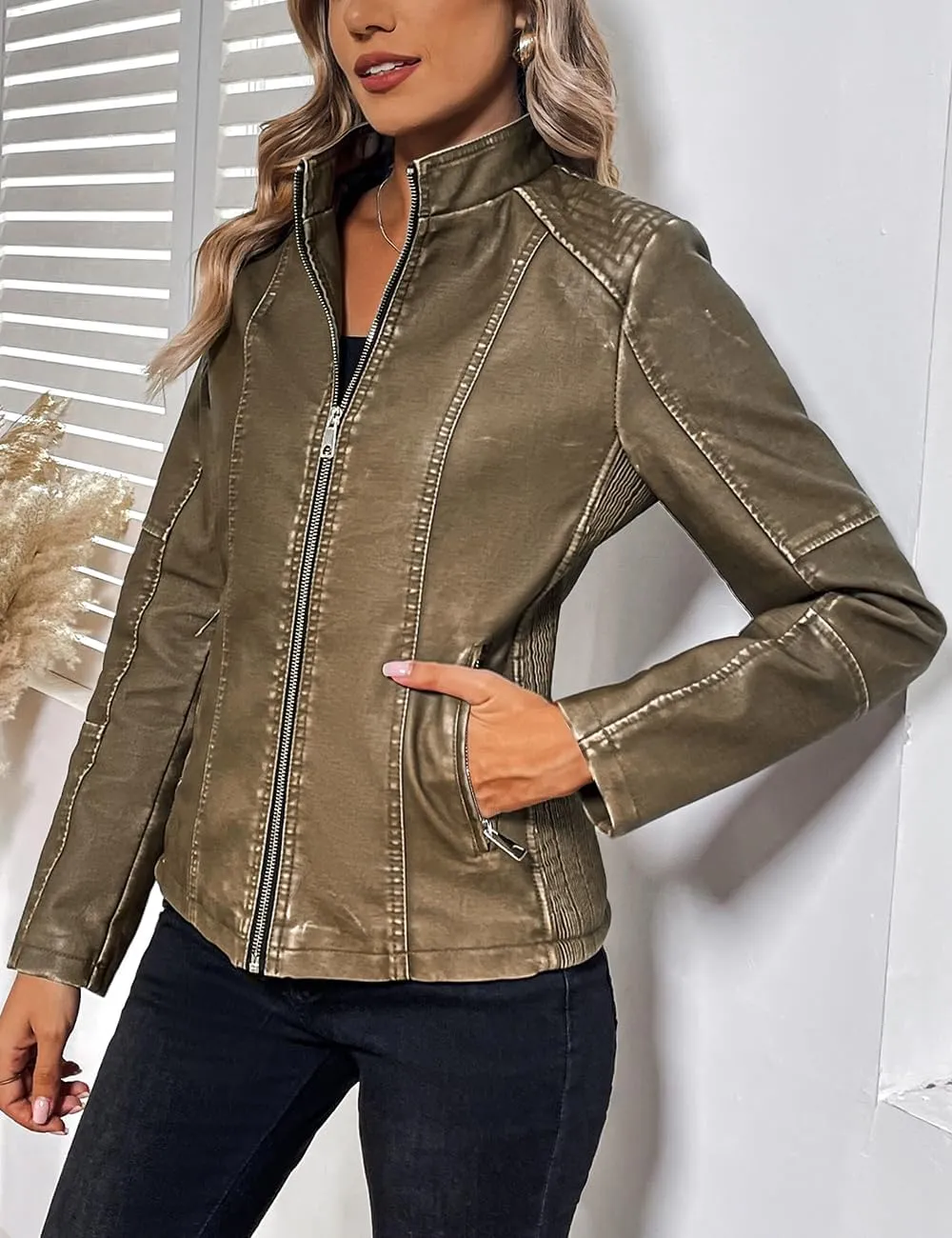 Bellivera Faux Leather Jacket Women Motorcycle Zipper Bomber PU Bike Coat with Pockets