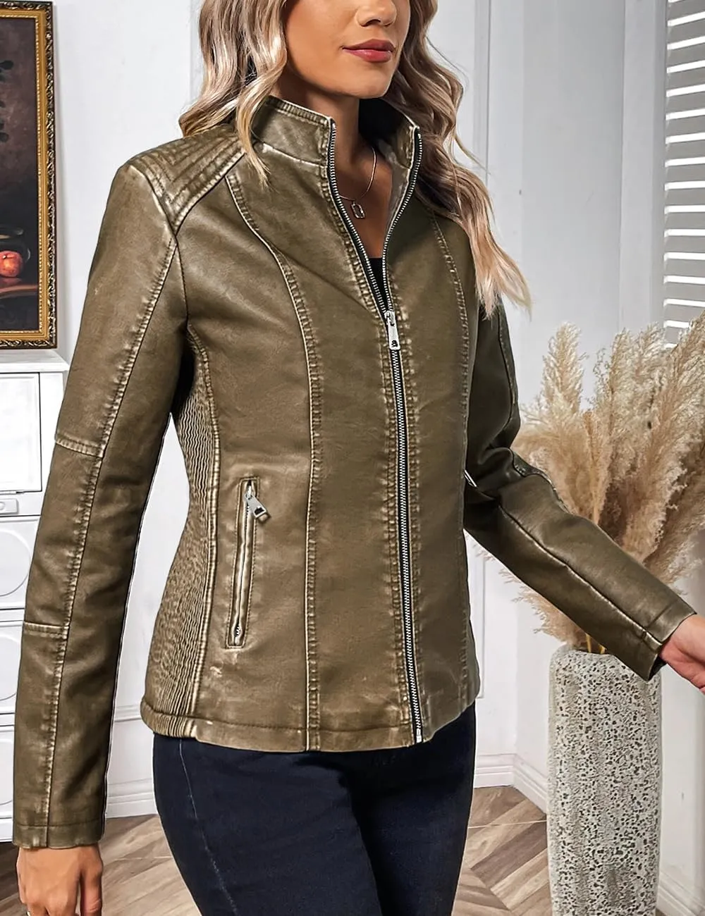 Bellivera Faux Leather Jacket Women Motorcycle Zipper Bomber PU Bike Coat with Pockets