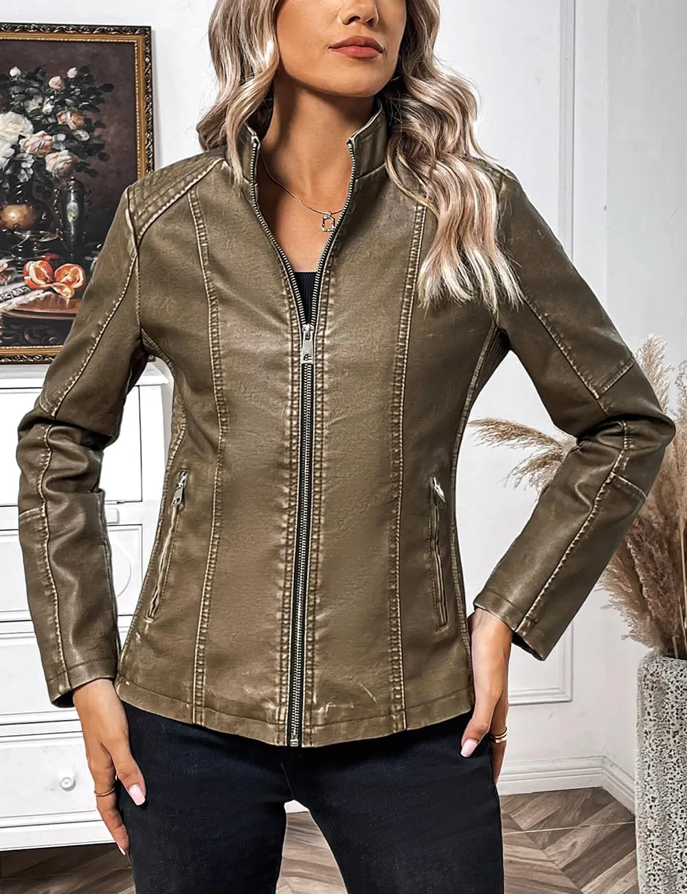 Bellivera Faux Leather Jacket Women Motorcycle Zipper Bomber PU Bike Coat with Pockets