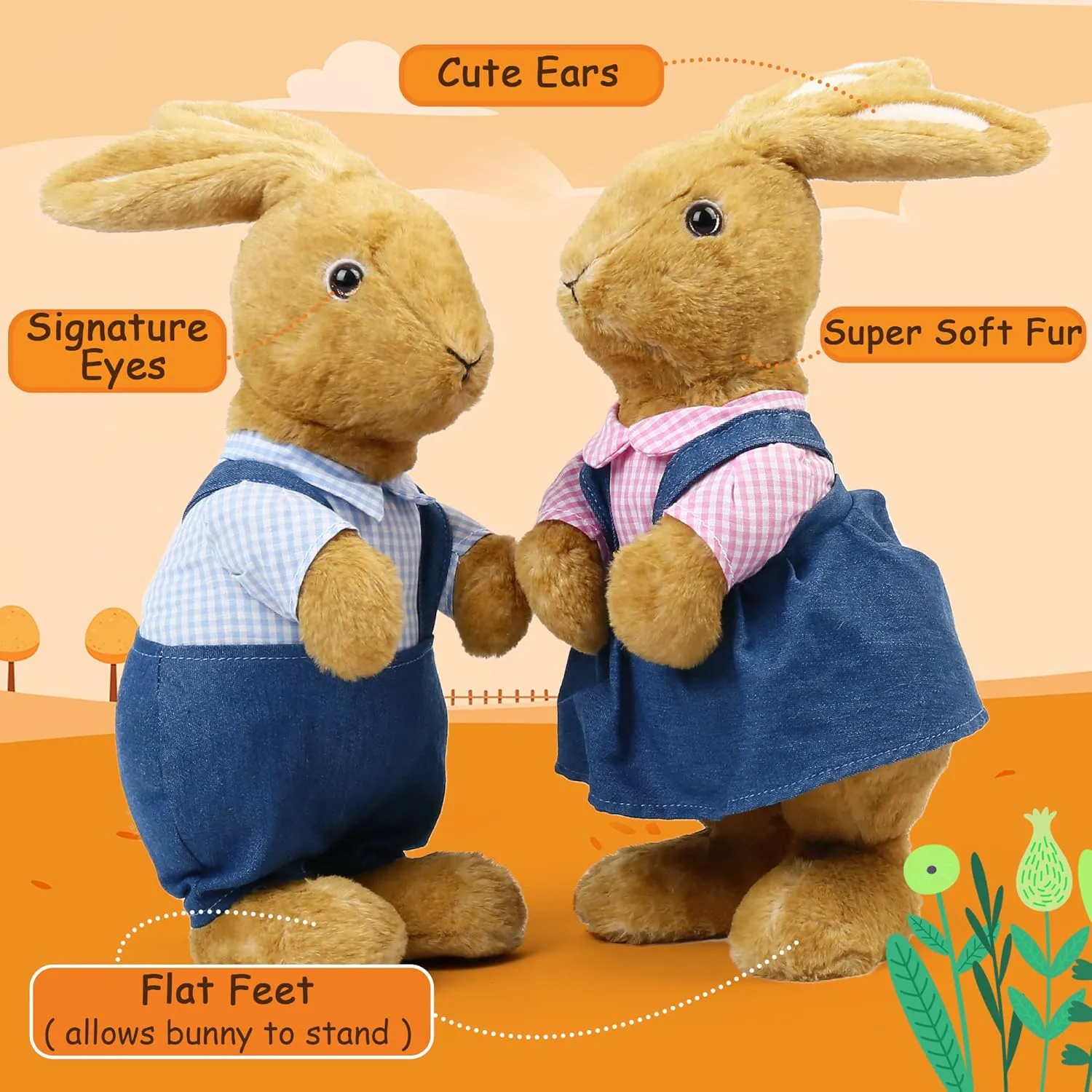 BenBen Bunny Stuffed Animal 12”, Set of 2, Easter Basket Stuffers, Brown Rabbit Plush for Home Decorations, Rabbit Stuffed Animal for Kids