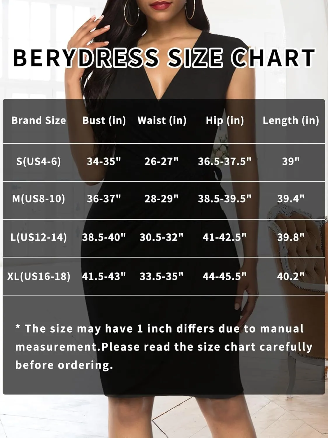 Berydress Women's Vintage V-Neck Sheath Casual Party Work Faux Black Wrap Dress