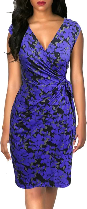 Berydress Women's Vintage V-Neck Sheath Casual Party Work Faux Black Wrap Dress