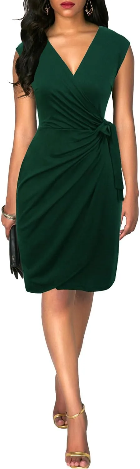 Berydress Women's Vintage V-Neck Sheath Casual Party Work Faux Black Wrap Dress