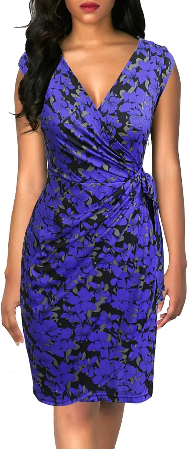 Berydress Women's Vintage V-Neck Sheath Casual Party Work Faux Black Wrap Dress