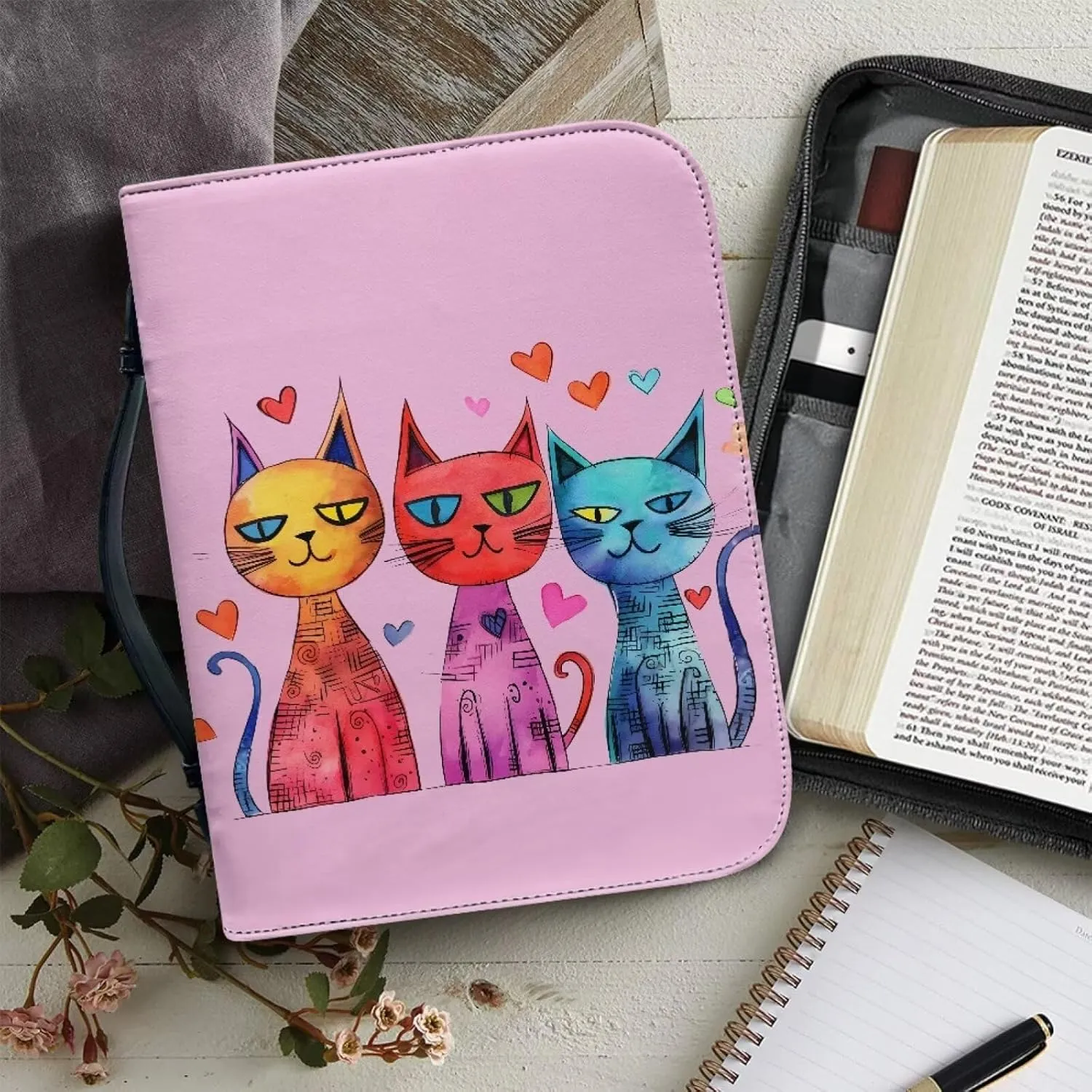 Bible Cover for Women Men PU Leather Bible Tote Bag Large Capacity Bible Bag with Handle and Zipper Bible Carrying Case Church Bag,Art Cat