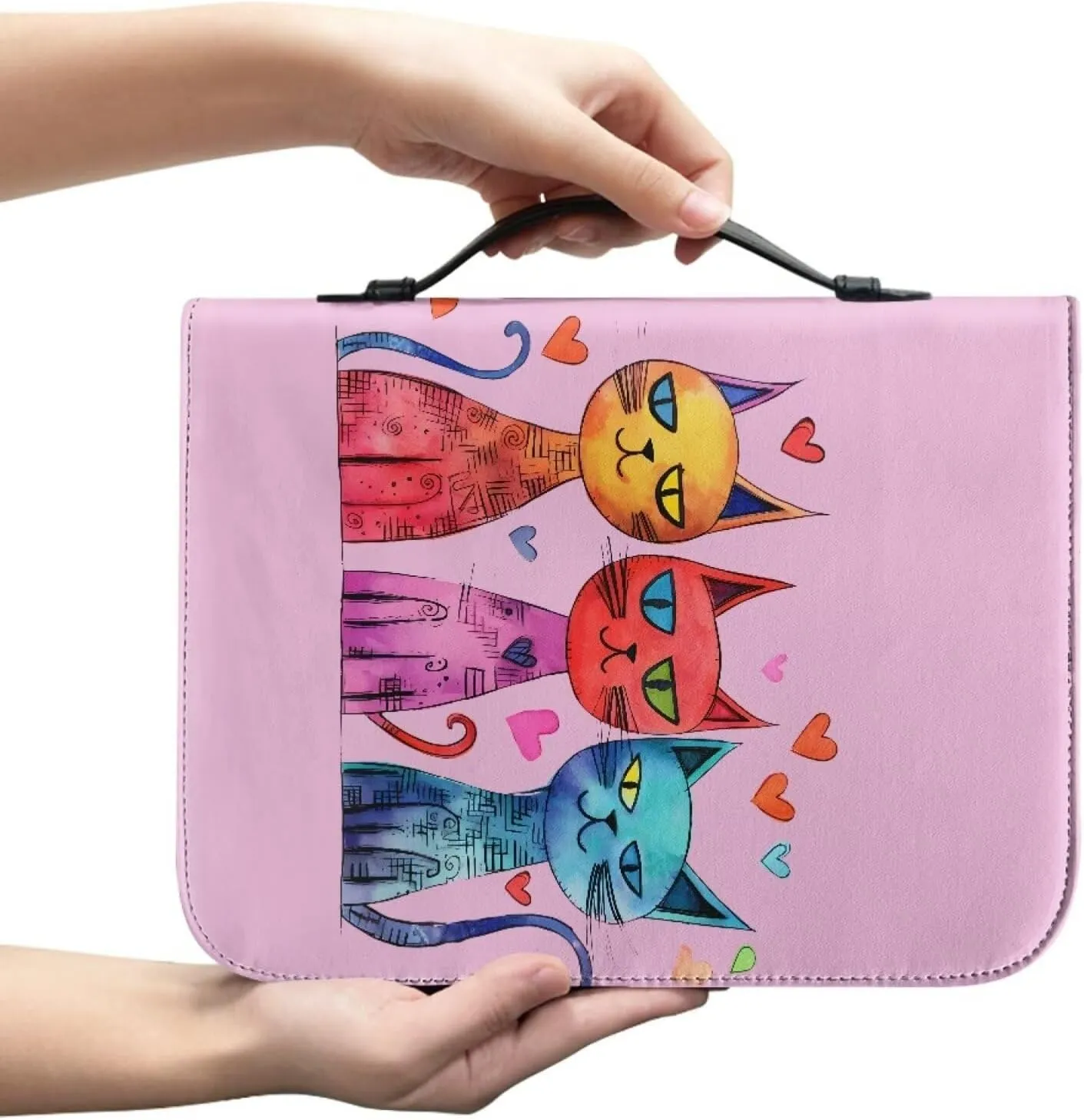 Bible Cover for Women Men PU Leather Bible Tote Bag Large Capacity Bible Bag with Handle and Zipper Bible Carrying Case Church Bag,Art Cat