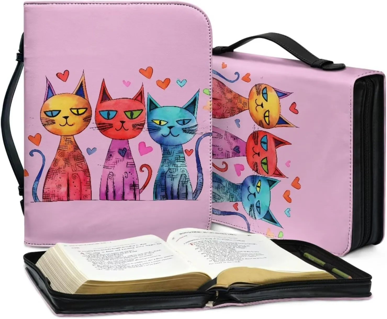 Bible Cover for Women Men PU Leather Bible Tote Bag Large Capacity Bible Bag with Handle and Zipper Bible Carrying Case Church Bag,Art Cat