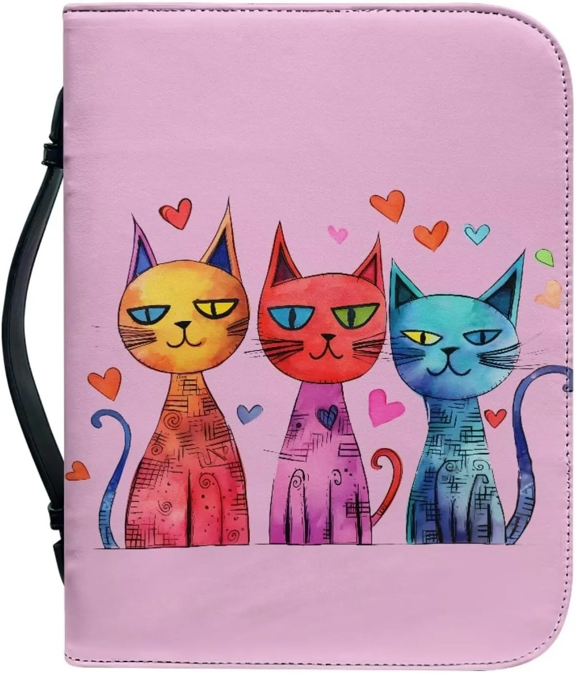Bible Cover for Women Men PU Leather Bible Tote Bag Large Capacity Bible Bag with Handle and Zipper Bible Carrying Case Church Bag,Art Cat